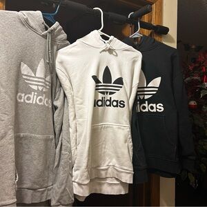 Adidas Trefoil Hoodies in Gray, White, and Black